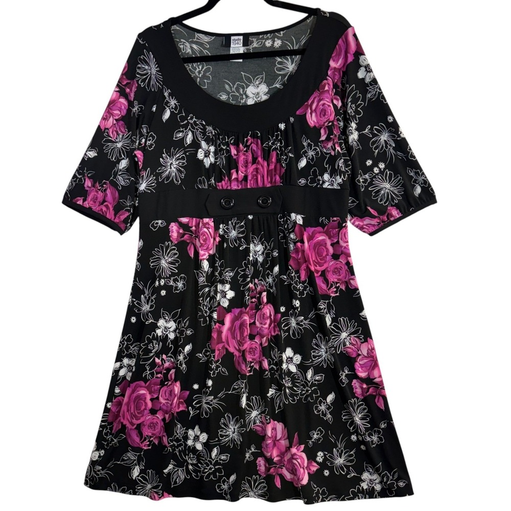 Studio 1940 L Dress Black Pink Floral Polyester Stretch Cottagecore Romantic